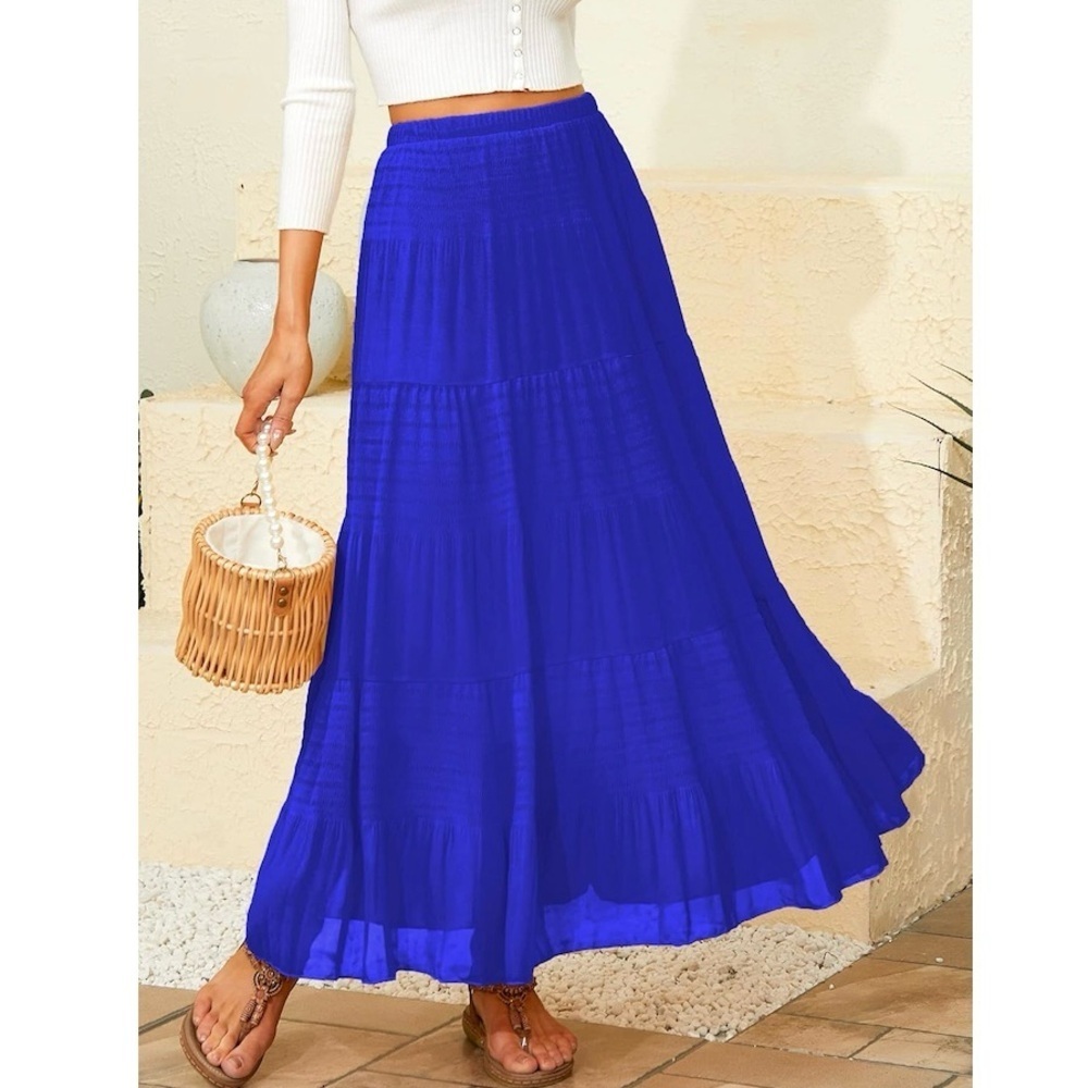 Chiffon Elastic Waist Pleated A-Line Flared Maxi Skirt! - Picture 2 of 4